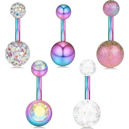 JUNLOWPY 14G Belly Button Piercing Nombril Kit Screw Bars Rainbow Navel Rings Stainless Steel Body Jewelry for Women Girls 50pcs