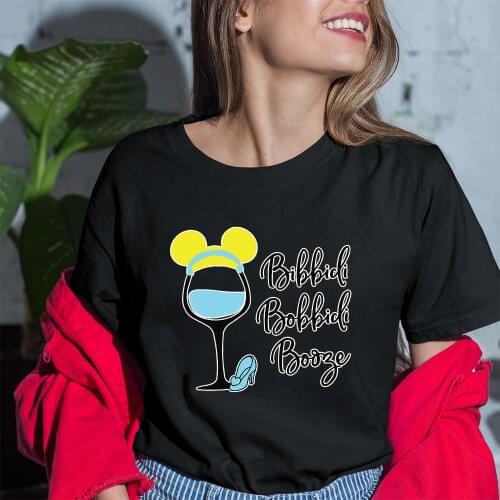 New T Shirt Women Wine Glass Princess Pattern Disney Series Cinderella Printing T-shirts Black Tees Harajuku Drop Ship O-Neck