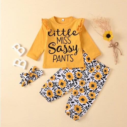 New Fashion Kids Girls Clothing 2pcs Set Letter Long Flying Sleeve Tops+flower Print Trousers Spring Fall Baby Girl Clothes 1-5Y