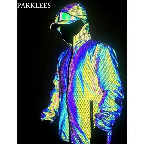 2020 New Fish Scales Colorful Reflective Hooded Jacket Men Women Glow Rainbow Fluorescent Clothing for Running Dancing Joggers