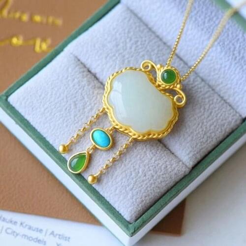 New silver inlaid natural Hotan white jade lace Pendant Necklace with tassel unique ancient gold craft womens brand jewelry