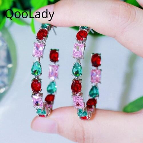 QooLady Luxury Red Pink Green Geometry Mix Color CZ Stone Large Hoop Earring Trendy Ladie Costume Charm Jewelry Accessories E215