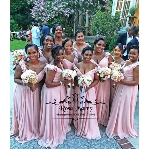 Pink Chiffon Long African Bridesmaids Dresses 2021 A Line 3D Floral Plus Size Bellajia Wedding Guest Maid of Honors Party Gowns