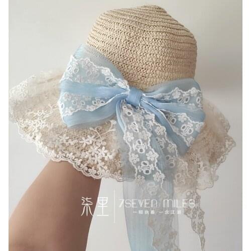 Handmade Big Bow Lace Straw Hat Flat Cap Women Summer Sunshade Hat Lolita Mori Girl Elegant Princess Hair Accessories Beach Hat