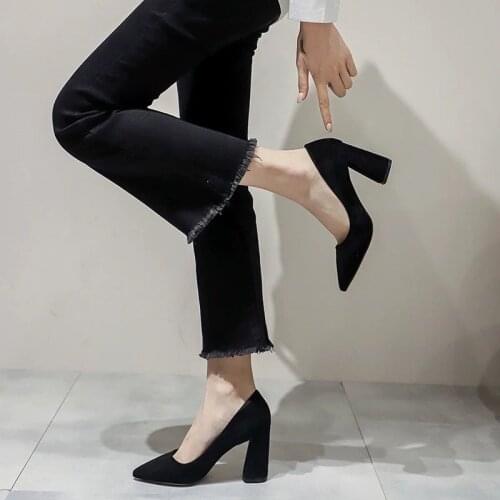 LIHUAMAO Suede uniform shoes high heel shoes for women pumps square heel pointed toe slip on ladies wedding shoes