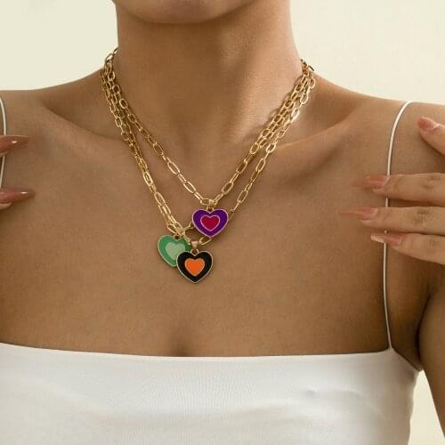 Vintage Enamel Oil Heart Pendant Chain Necklace 2021 Ins Korean Geometric Love Double Heart Necklace for Women Ethnic Jewelry