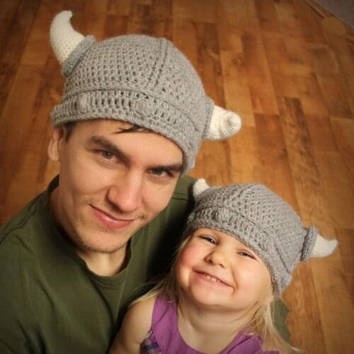 Adult Kids Handmade Crochet Knitted Beanie Hat Cute Funny Ox Horn Parent-Child Barbarian Viking Stretchy Skullies Cap