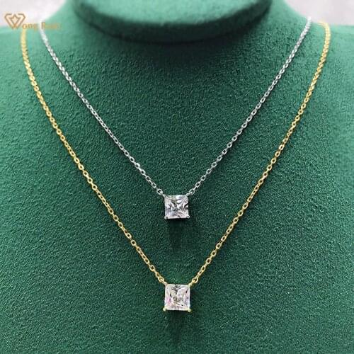 Wong Rain 100% 925 Sterling Silver 1CT Princess Cut Created Moissanite Gemstone Anniversary Daily Pendant Necklace Fine Jewelry