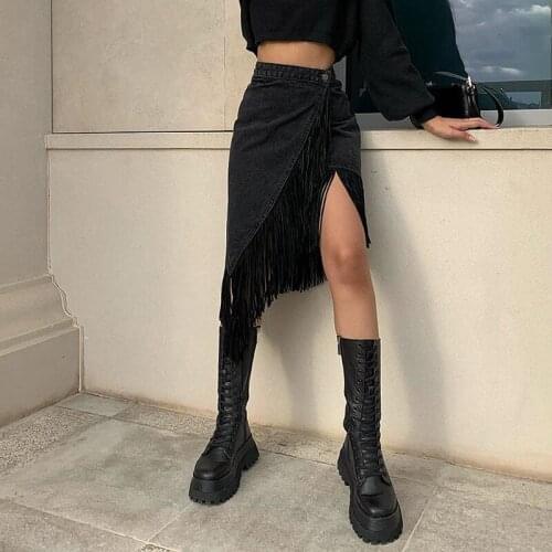 European Summer New Solid Color Personality Irregular Split with Tassel Fringe Bag Hip Denim Skirts Women Fashion Streetwear2021