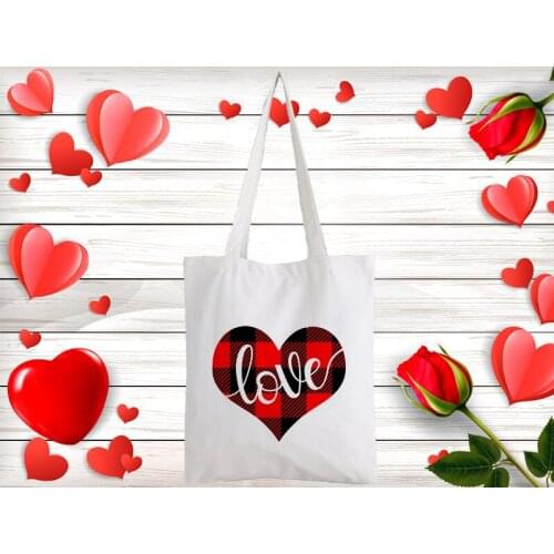 Women Canvas Shoulder Bag Valentines Day Plaid Love Graphic Fashion Shopping Bags Students' Book Bag Handbags Tote for Girls