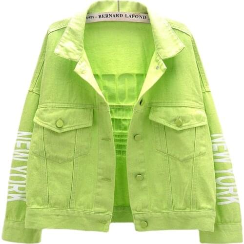 2021 Short Denim Jacket Women Spring Autumn Cotton Student Jeans Outwear Letter Print Loose Casual Top Grass-green Orange