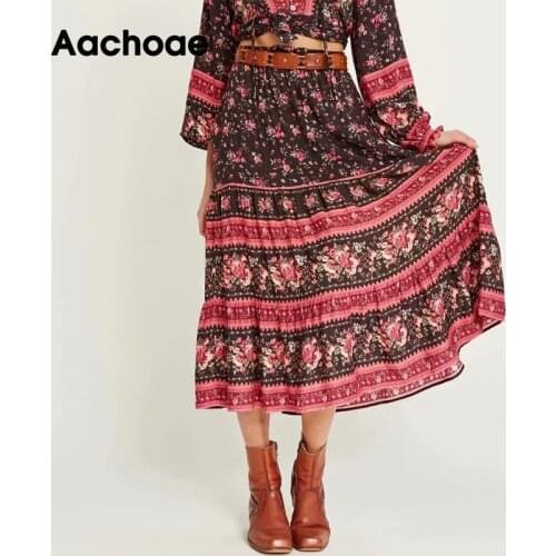 Aachoae High Waist Midi Skirt Women Vintage Floral Printed Bohemian Skirts Female Bow Tie A Line Summer Beach Skirt Without Belt