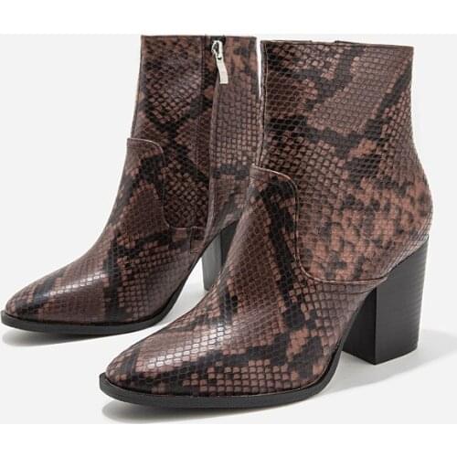 36-43 Snakeskin Ladies bottes european chunky heels ankle motorcycle booties autumn winter fashion brown zipper riding boots new