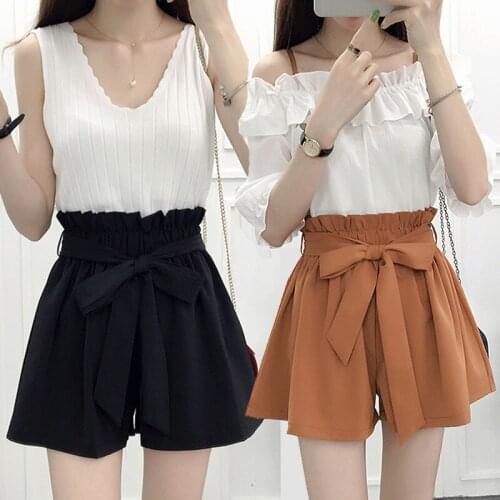 Women summer shorts Tall waist loose cotton wide-legged shorts Thin section plus size paper bag trousers Pure color shorts