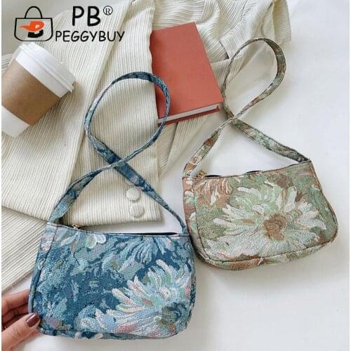 Leisure Ladies Small Letters Pattern Handbags Nylon Flower Pattern Printing Subaxillary Bags Women Zipper Armpit Bags