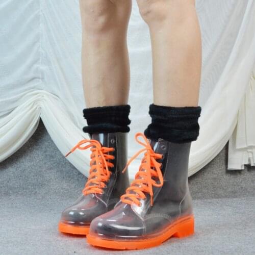 Candy Color Women Rain Boots Warm Ladies Lace-up Waterproof Rubber Shoes Transparent Soles Plush Rain Shoes Outdoor Girl Shoes