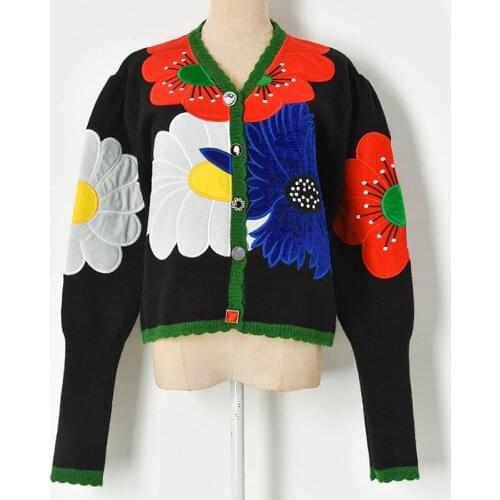 Vintage Runway New Women Coat Fashion Clothing 2021 Spring New Style Puff Sleeve Hit Color Big Flower Knitted Sweater Cardigan