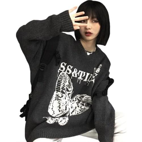 Winter Womens Sweater Butterfly Letter Jacquard Knitting Coat Loose Crew Neck Thickened Pullover Jumper Top Female 2021 St057