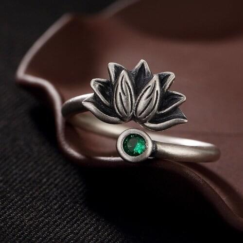 Fashion 100% genuine 925 Sterling Silver Rings For Women Retro cubic zirconia lotus flower S925 silver open ring for ladies