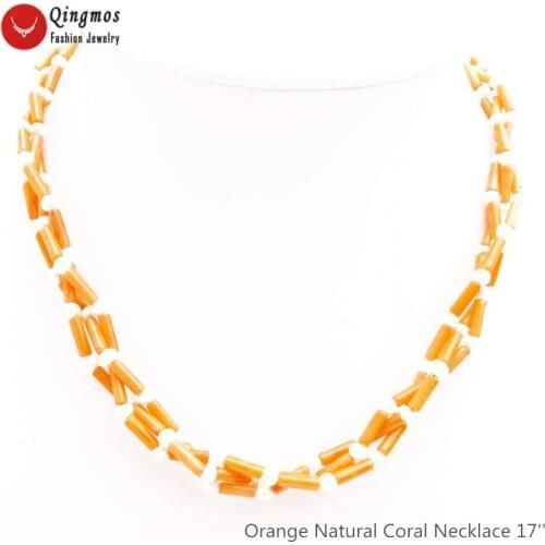 Qingmos Natural Orange Coral Necklace for Women with 3*9mm Thick Slice Coral & 4mm White Pearl Necklace 3 Strands Chokers 17