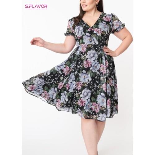 S.FLAVOR Summer Women Chiffon V Neck Flower Print Dress Casual Short Sleeve A Line Dress Female Elegant Party Vestidos 2021