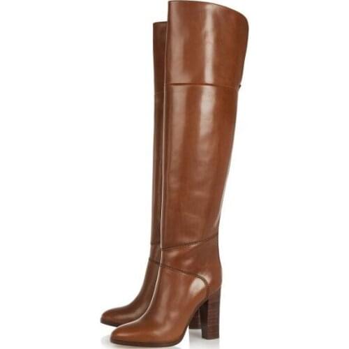 Winter Brown Pu Leather Chunky Heels Women Long Boots Brand Large Size Slip On Over the Knee Boots Celebrity Banquet Shoes