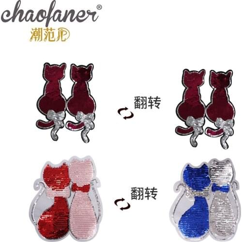 10pcs/lot Large Reversible Sequin Embroidery Patch Cute Animal Cat Kitty Couple Clothing Decoration Iron Heat Transfer Applique