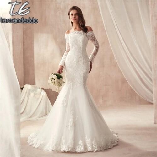 2021 Off the Shoulder Lace Mermaid Wedding Dresses Applique Long Sleeve Formal Bridal Gowns Vestido De Noiva