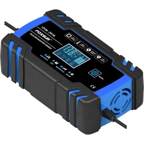 FOXSUR 3-Step Automatic Car Battery Charger LCD Display Fast Charging 100-240V to 12V 24V 8A Car Motorcycle Battery Charger