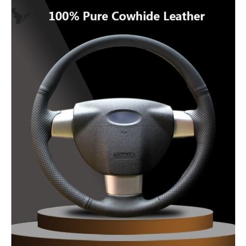 Black Genuine Leather Car Steering Wheel Cover for Ford Focus 2 2005 2006 2007 2008 2009 2010 2011(3-Spoke)