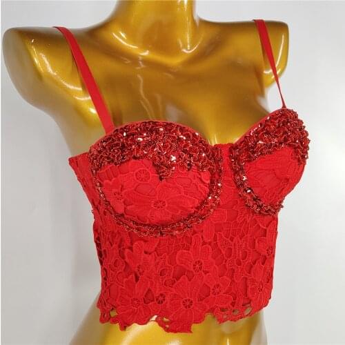 Cupplee Sparkly Sequins Women Sexy Red Lace Cropped Top Removeable Spaghatti Ladies Stretch Cami Tanks Club Dance Corsets
