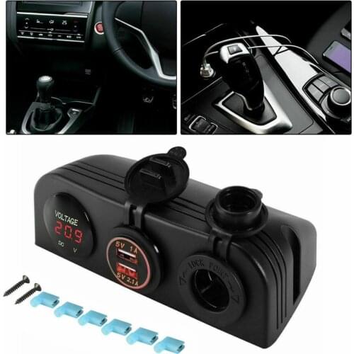 DC 12V Red LED Dual USB 5V/2.1A Charger Cigarette Lighter Socket Voltmeter Panel Mount Adapter Socket for Car Marine Boat Camper