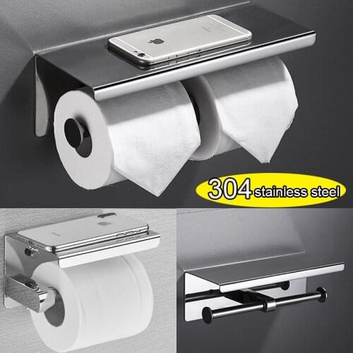 SUS 304 Stainless Steel Toilet Paper Holder Wall Mounted Roll Tissue Holder Storage Rack With Phone shelf Bathroom Accessories