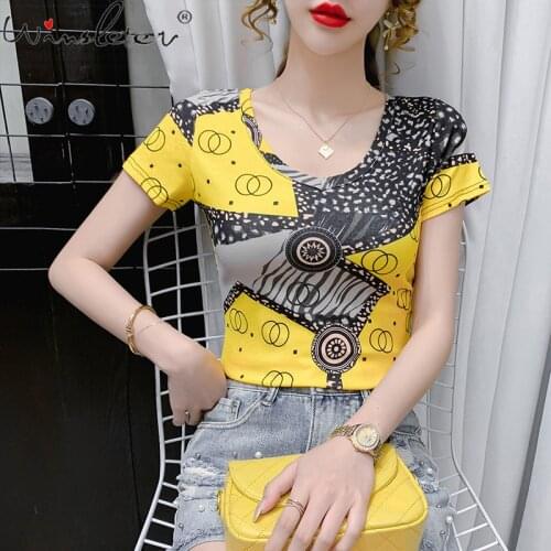 Summer European Style T-Shirt Fashion V-Neck Print Women Tops Casual Bottoming Shirt All Match New Woman S-3XL Tees 2021 T16023A