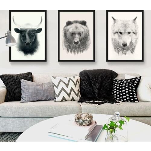 Nordic Style Grassland Animal Canvas Painting Bull And Bear Wolf Poster Picture Home Wall Art Decoration Can Be Customized