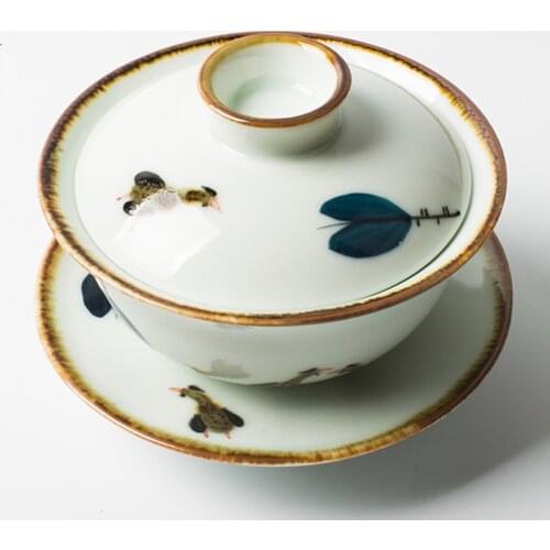 Ceramic Sancai Covered Bowl Hand-painted Antique Blue and White Tea Tureen Large Japanese Gaiwan