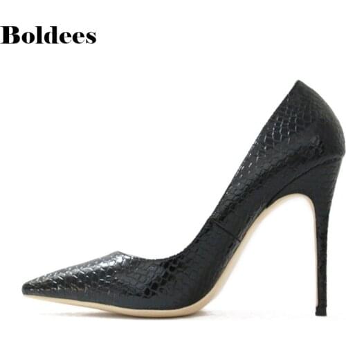 Pretty High Heel Dress shoes Women Snake Printed Leather 12cm women shoes pumps