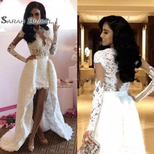 2020 Deep V-neck Illusion Back Applique Lace High Low Wedding Dresses Long Sleeves vestido de noiva Bride Dress