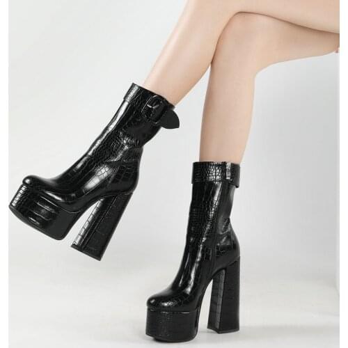 Fashion Platform High Heels Calf Boots Women Sexy Party Shoes Round Toe Buckle Summer Winter Short Boots Women Black Brown 2021