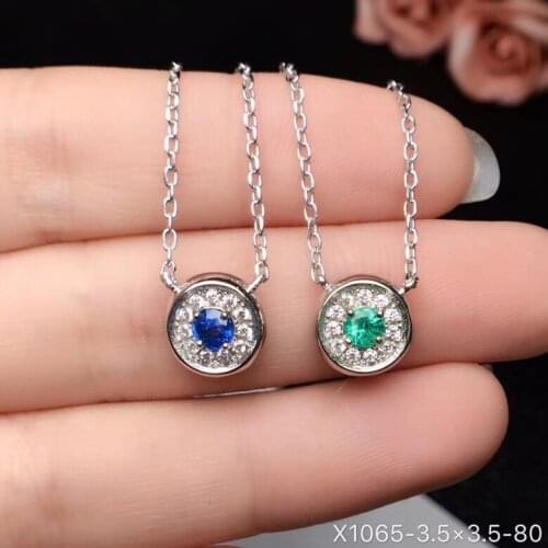 Natural blue sapphire necklace S925 silver natural green emerald necklace fashion small round Two wears girl gift party jewelry