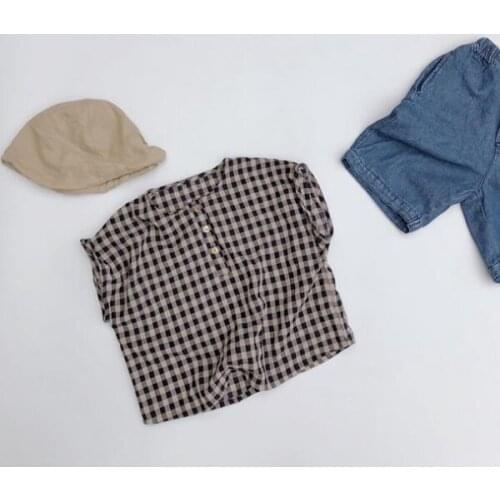 2020 New Girls Boys Plaid Shirt Short Sleeve Summer Cotton Linen Cool Fashion Kids Top 1-7t QA784