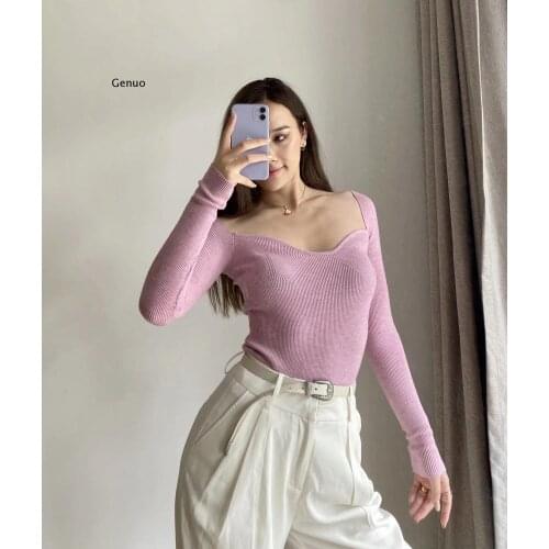 Fall Winter New Fashion Sexy U Neck T-Hirt Women Knitted Top Hot Slim Short t Shirt Tops Vintage Clothes Kawaii Korea
