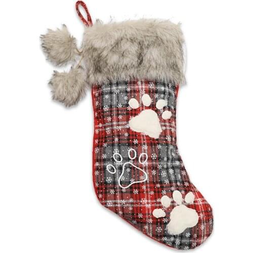 Xmas Hanging Sock Soft Faux Fur Cuff Paw Printed Plaid Stocking Holiday Stocking Claus Candy Bag Xmas Tree Hanging Decor Gift