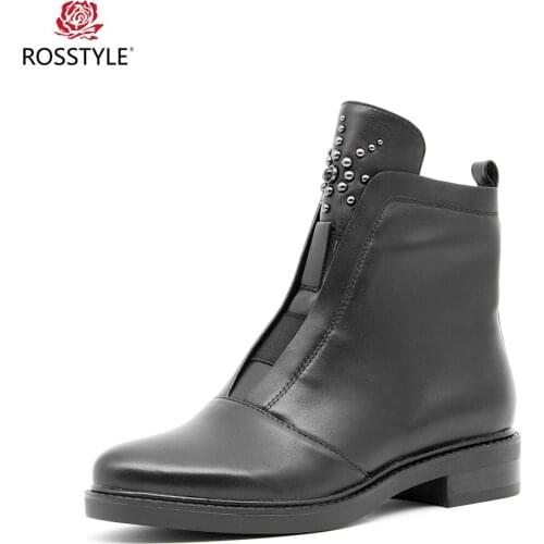 ROSSTYLE Winter Woman Boots Fashion Zipper Flat Boots High Quality Genuine Leather Sexy Round Toe Ankle Boots Max Size 36-40 B95
