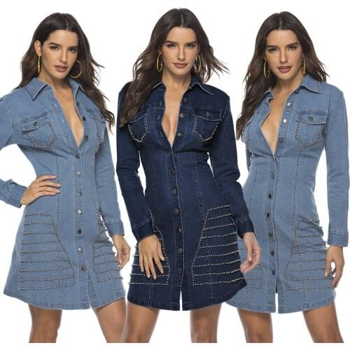 Sexy Rivet Denim dress Spring Summer Outfits For Women Mini Dress Long Sleeve Button Jeans Dress Bodycon Ladies Dresses