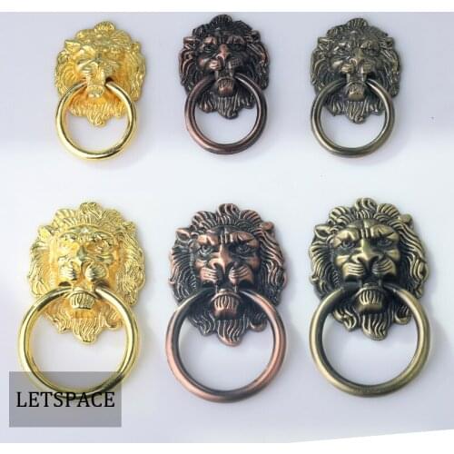Vintage fashion gold lion head furniture knob Drawer cabinet Bronze pull Drop rings dresser door Zinc Alloy handle