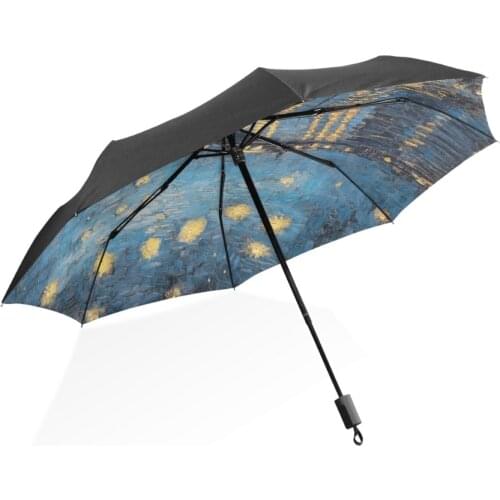 Van Gogh Art Oil Painting Umbrella Starry Night Anti UV Outer Black Lightweight Parasol Elegant 3 folding Drop Sturdy Umbrella