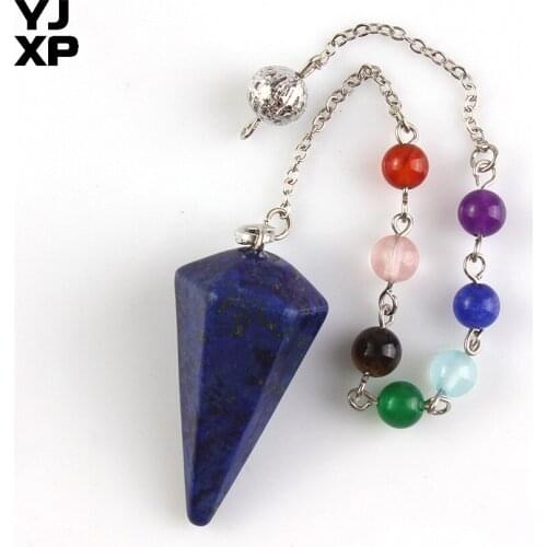 YJXP Silver Plated Link Chain 7 Beads Chakra Reiki Healing Stone Pendulum Lapis Lazuli Hexagon Pyramid Pendant Jewelry Gift