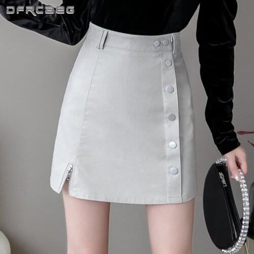 High Waist Women PU Leather Skirts Autumn Winter 2021 Casual Slim Elegant Button Short A-Line Skirt Femme