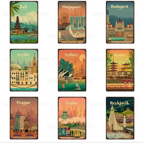 City Landscape Iron Sign Landmark Building Metal Sign Home Decoration Wall Art Tin Plate Singapore Tokyo Metal Plaque Poster
